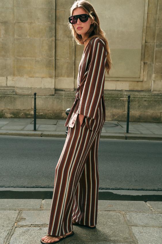 STRIPED WIDE-LEG TROUSERS - Brown Stripes by Zara - Image 0