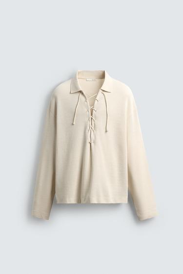 TEXTURED DRAWSTRING POLO SHIRT - Oyster-white by Zara
