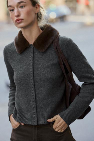 FAUX FUR LAPEL CARDIGAN - Anthracite grey by Zara