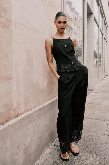 EMBROIDERED HEM CULOTTE TROUSERS - Black by Zara