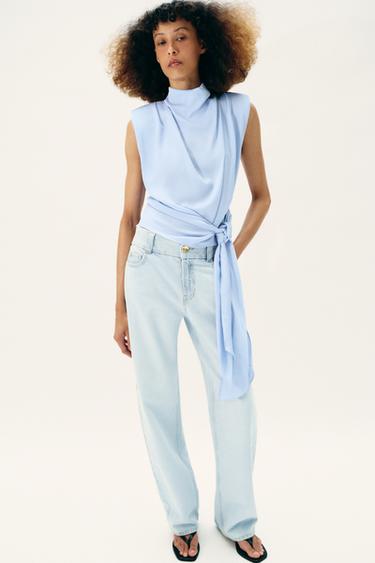 SATIN TOP WITH BOW AND SHOULDER PADS - Light blue by Zara