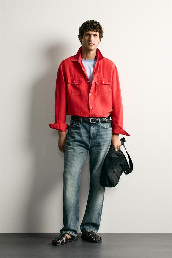 100% LINEN REGULAR FIT OVERSHIRT - Red by Zara - Image 0
