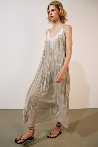 ZW COLLECTION LONG EMBROIDERED DRESS - Grey / Beige by Zara
