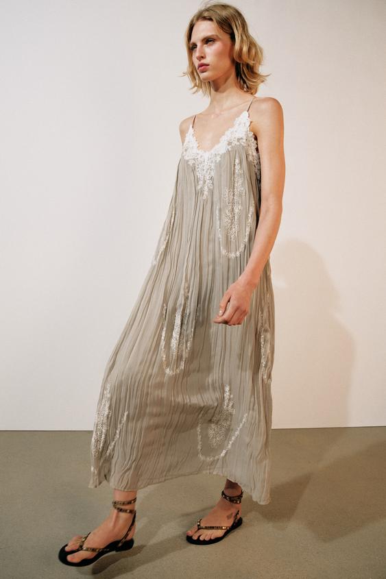 ZW COLLECTION LONG EMBROIDERED DRESS - Grey / Beige by Zara - Image 0
