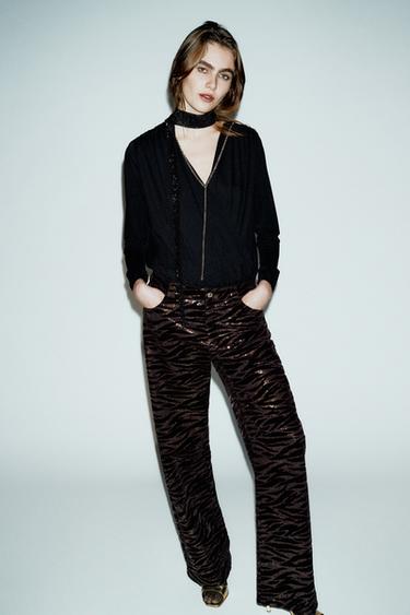 SEQUINNED VELVET TROUSERS - Brown by Zara
