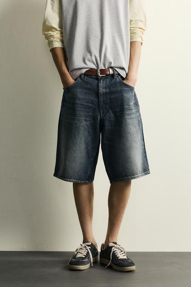 BAGGY FIT LEATHER POCKET DENIM BERMUDA SHORTS - Blue by Zara
