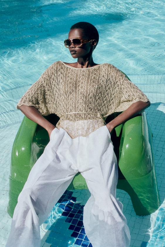METALLIC THREAD KNIT TOP WITH BELT - Gold by Zara - Image 0