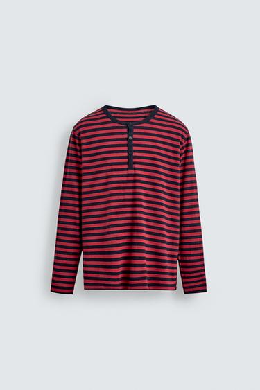 STRIPED LINEN - COTTON HENLEY T-SHIRT - red/navy by Zara
