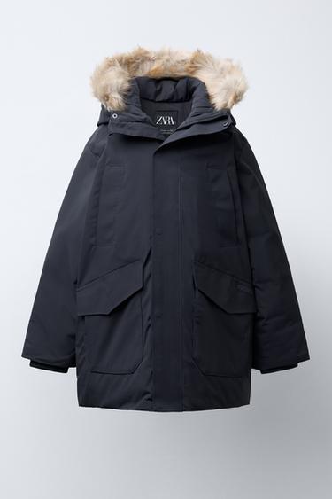 LONG WATER-REPELLENT DOWN PUFFER JACKET WITH DETACHABLE FAUX FUR HOOD - Charcoal grey by Zara