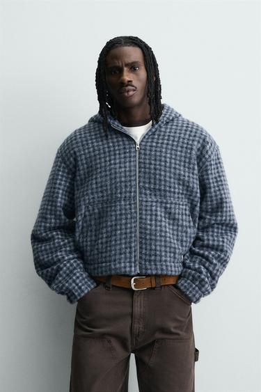 HOODED EMBROIDERED CHECK OVERSHIRT - blue/black by Zara