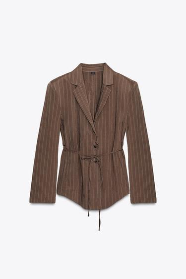 STRIPED SHOULDER PAD BLAZER WITH THIN BELT - Brown / Ecru by Zara
