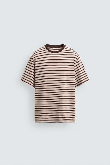 CONTRAST STRIPED JACQUARD T-SHIRT - Brown by Zara