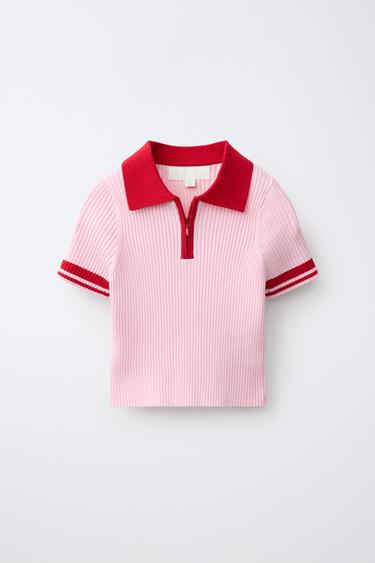 CONTRAST RIBBED ZIP-UP POLO SHIRT - Red by Zara