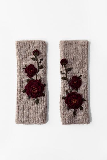 KNIT MITTENS WITH FLORAL EMBROIDERY - Sand by Zara