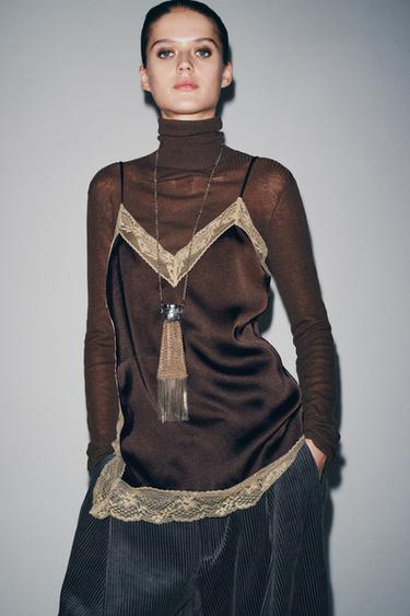 ZW COLLECTION SATIN TOP WITH LACE TRIM - Brown by Zara