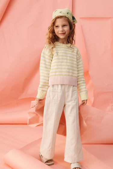 LIMITED EDITION STRIPED KNIT JUMPER WITH EMBROIDERED FLOWER - Lime by Zara
