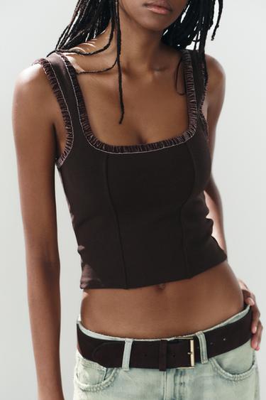 STRETCH CORSETRY-INSPIRED TOP - Dark brown by Zara