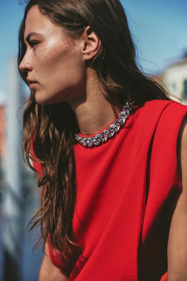 JEWEL-NECK TOP WITH SHOULDER PADS - Red by Zara