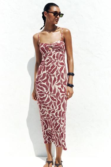 PRINTED RUSTIC MIDI LINEN BLEND DRESS - Ecru / Maroon by Zara
