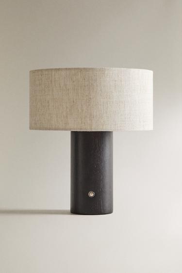 SMALL LINEN AND WOOD CORDLESS TABLE LAMP - Ecru by Zara
