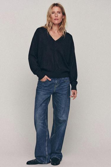 WOOL BLEND V-NECK JUMPER - Dark navy by Zara