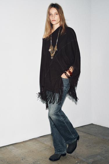LEATHER FRINGE CAPE - Brown by Zara - Image 0