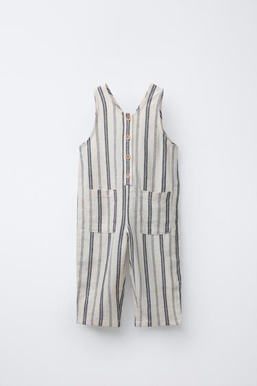 STRIPED LINEN BLEND LONG DUNGAREES - Ecru / Blue by Zara - Image 0