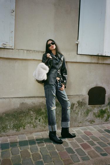 TRF RIPPED STRAIGHT MID-WAIST JEANS - Navy blue by Zara