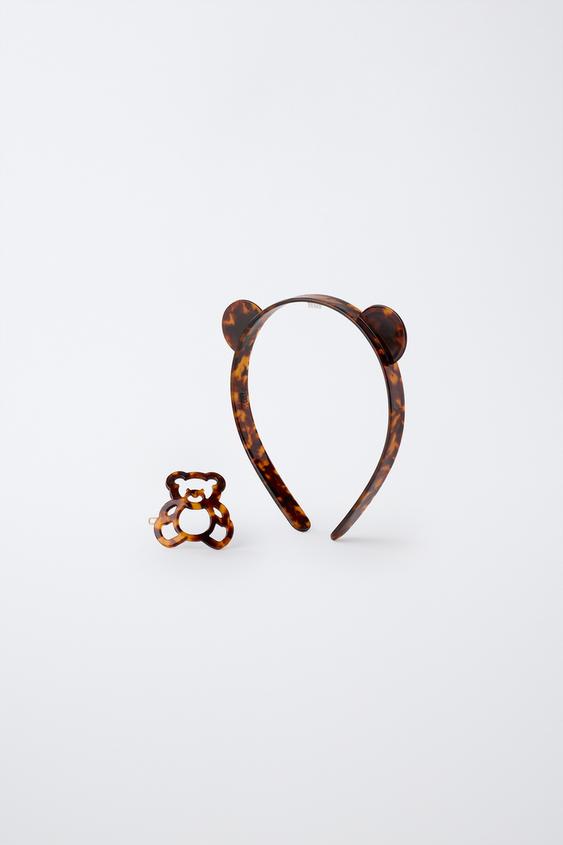 TORTOISESHELL-EFFECT BEAR HEADBAND AND CLIP SET - Tortoiseshell by Zara - Image 0