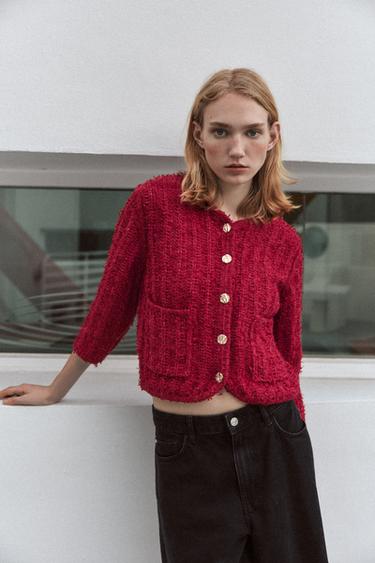 3/4 LENGTH SLEEVE KNIT CARDIGAN - Red by Zara - Image 0