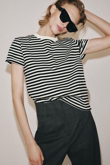 INTERLOCK SHORT SLEEVE T-SHIRT - striped by Zara