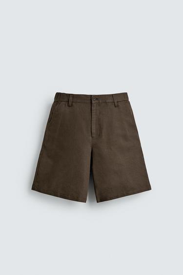 REGULAR FIT HEMP - COTTON BERMUDA SHORTS - Brown by Zara