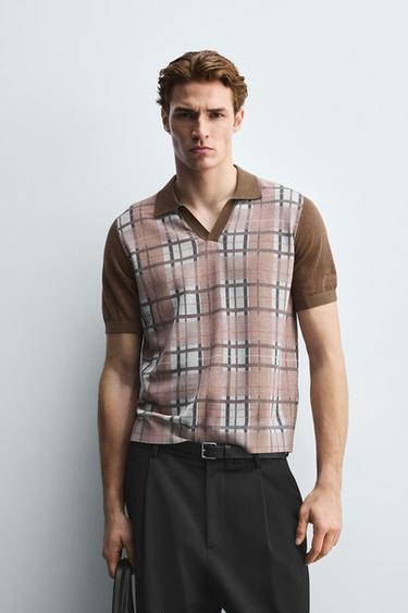 CHECK PRINT KNIT POLO SHIRT - Dark beige by Zara