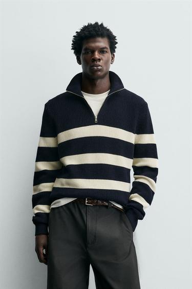 PURL KNIT QUARTER-ZIP JUMPER - Ecru / Navy by Zara