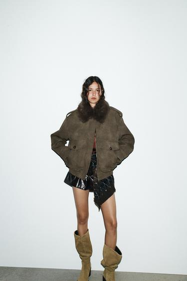 REMOVABLE COLLAR FAUX SUEDE JACKET - Khaki by Zara