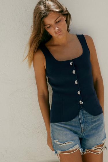 PLAIN KNIT CORSET TOP - Navy blue by Zara