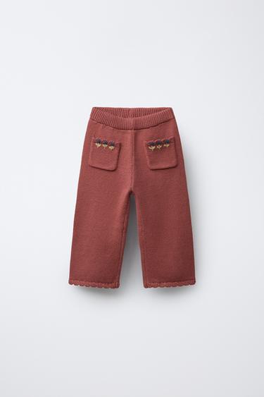 EMBROIDERED FLORAL KNIT TROUSERS - Clay by Zara