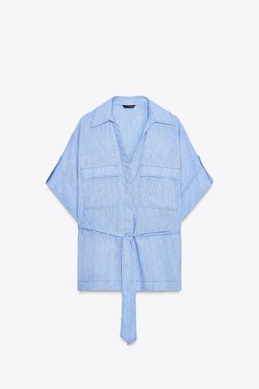 LINEN BLEND SAFARI SHIRT - Light blue by Zara