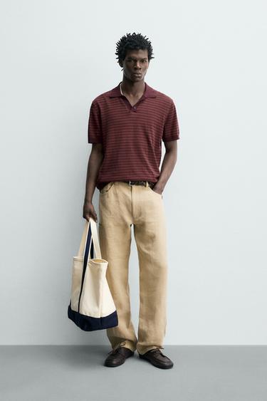 STRIPED JACQUARD KNIT POLO SHIRT - Burgundy by Zara