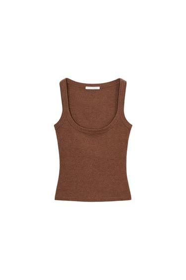 COTTON SLEEVELESS T-SHIRT - Tan marl by Zara