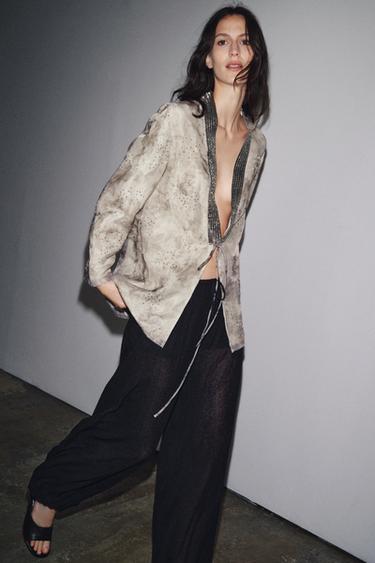 BEADED PRINTED ORGANZA KIMONO - Taupe grey by Zara - Image 0