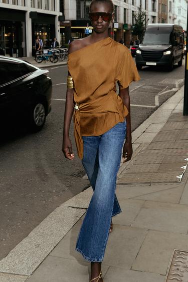 ASYMMETRIC SATIN TOP WITH APPLIQUÉ - Tobacco by Zara