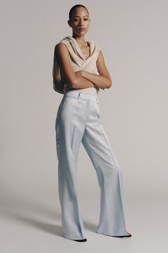 FLARED LINEN BLEND TROUSERS ZW COLLECTION - Light blue by Zara - Image 0