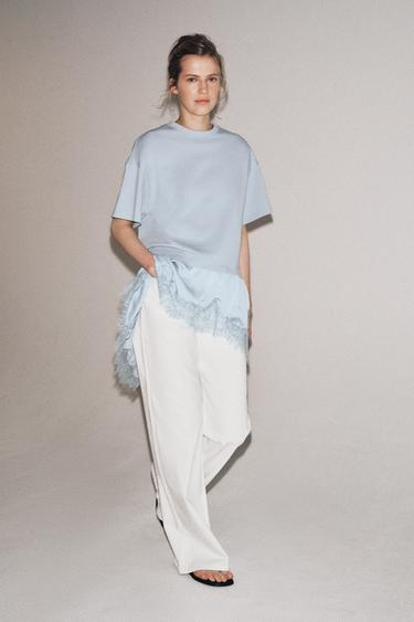 CONTRAST LACE T-SHIRT - Pastel blue by Zara