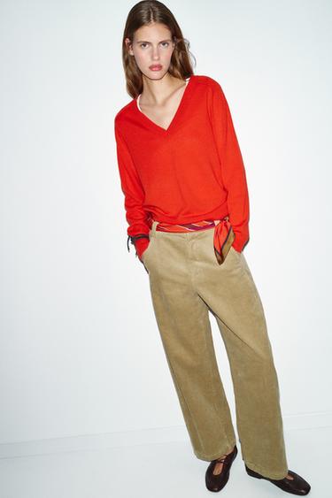 WOOL BLEND V-NECK JUMPER - Red / Coral by Zara