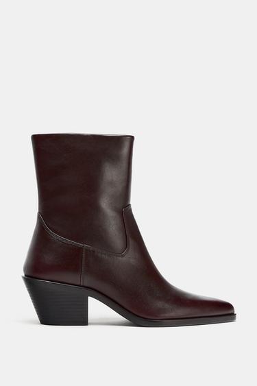 LEATHER COWBOY ANKLE BOOTS - Burgundy Red by Zara