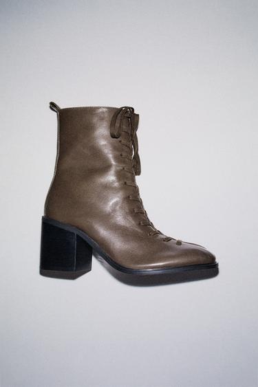 LEATHER LACE-UP ANKLE BOOTS - Taupe Grey by Zara
