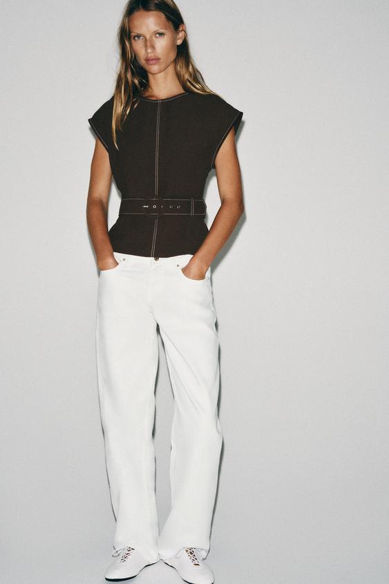 CONTRAST BELTED TOPSTITCH TOP - Brown by Zara - Image 0