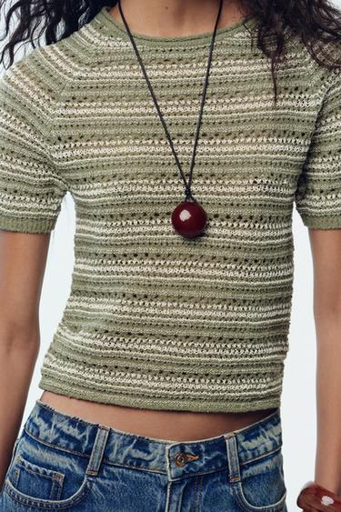STRIPED TEXTURED KNIT SHORT SLEEVE TOP - Green / Ecru by Zara - Image 0