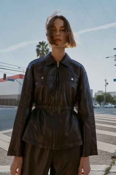 FAUX LEATHER JACKET WITH ELASTICATED WAIST - Brown by Zara